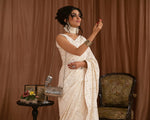 Load image into Gallery viewer, Aafrinish By Niazi Zara Peerzada Noor Jehan Se Noor 1950s Chikankari Mukesh Saree Sari  Brown  Background Asad Bin Javed Nur Jehan
