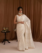 Load image into Gallery viewer, Aafrinish By Niazi Zara Peerzada Noor Jehan Se Noor 1950s Chikankari Mukesh Saree Sari  Brown  Background Asad Bin Javed Nur Jehan
