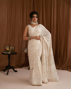 Aafrinish By Niazi Zara Peerzada Noor Jehan Se Noor 1950s Chikankari Mukesh Saree Sari  Brown  Background Asad Bin Javed Nur Jehan