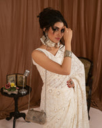 Load image into Gallery viewer, Aafrinish By Niazi Zara Peerzada Noor Jehan Se Noor 1950s Chikankari Mukesh Saree Sari  Brown  Background Asad Bin Javed Nur Jehan
