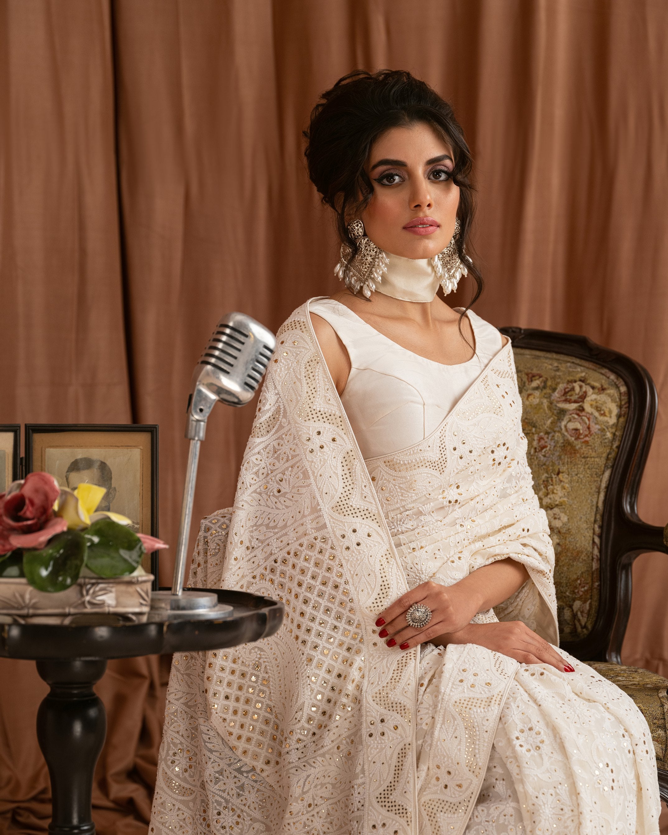 Aafrinish By Niazi Zara Peerzada Noor Jehan Se Noor 1950s Chikankari Mukesh Saree Sari  Brown  Background Asad Bin Javed Nur Jehan