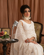Load image into Gallery viewer, Aafrinish By Niazi Zara Peerzada Noor Jehan Se Noor 1950s Chikankari Mukesh Saree Sari  Brown  Background Asad Bin Javed Nur Jehan
