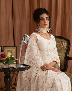 Aafrinish By Niazi Zara Peerzada Noor Jehan Se Noor 1950s Chikankari Mukesh Saree Sari  Brown  Background Asad Bin Javed Nur Jehan