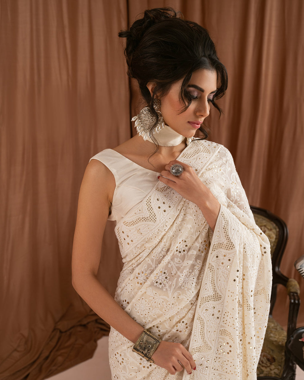 Aafrinish By Niazi Zara Peerzada Noor Jehan Se Noor 1950s Chikankari Mukesh Saree Sari  Brown  Background Asad Bin Javed Nur Jehan