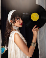 Load image into Gallery viewer, Aafrinish By Niazi Zara Peerzada Noor Jehan Se Noor 70s Chikankari Short Kurta, Dupatta &amp; Gharara Pants  Blue  Background Asad Bin Javed Vintage Pakistan Fashion Vinyl Records
