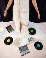 Load image into Gallery viewer, Aafrinish By Niazi Zara Peerzada Noor Jehan Se Noor 70s Chikankari Short Kurta, Dupatta &amp; Gharara Pants  Blue  Background Asad Bin Javed Vintage Pakistan Fashion Disco Vinyl
