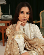 Load image into Gallery viewer, Aafrinish By Niazi Zara Peerzada Noor Jehan Se Noor  1990s Chikankari Single Taar Kurta &amp; Izaar with Chikankari Tissue Chaadar Green  Background Asad Bin Javed Vintage Pakistan Fashion 
