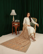 Load image into Gallery viewer, Aafrinish By Niazi Zara Peerzada Noor Jehan Se Noor  1990s Chikankari Single Taar Kurta &amp; Izaar with Chikankari Tissue Chaadar Green  Background Asad Bin Javed Vintage Pakistan Fashion 
