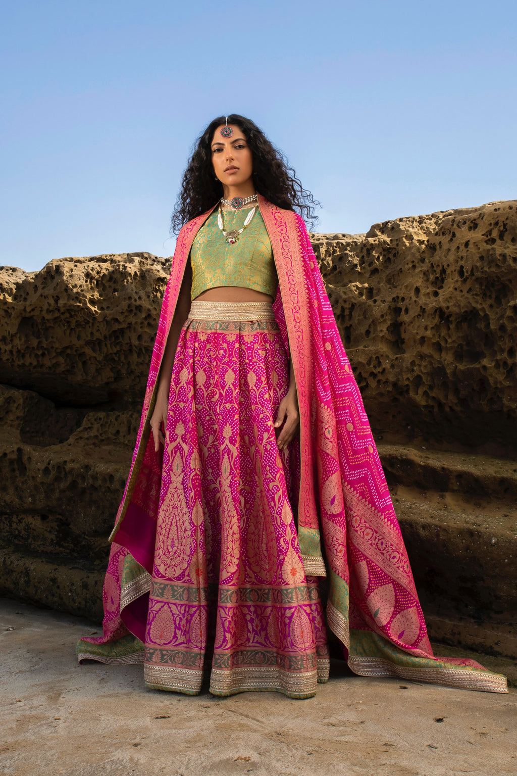 Aafrinish By Niazi Nimra Jacob Gibran Jamshed Mubarak Village Beach Vibrant Fuschia Lehnga Choli Pakistan Fashion