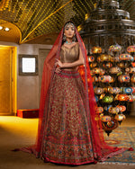 Load image into Gallery viewer, Aafrinish By Niazi Natalia Calling Asad Bin Javed Cherry Red Lehnga Lehenga Bridal Haveli
