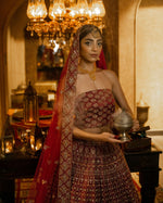 Load image into Gallery viewer, Aafrinish By Niazi Natalia Calling Asad Bin Javed Garnet Maroon zari Lehnga Lehenga Bridal Haveli
