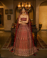 Load image into Gallery viewer, Aafrinish By Niazi Natalia Calling Asad Bin Javed Garnet Maroon zari Lehnga Lehenga Bridal Haveli
