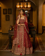 Load image into Gallery viewer, Aafrinish By Niazi Natalia Calling Asad Bin Javed Garnet Maroon zari Lehnga Lehenga Bridal Haveli
