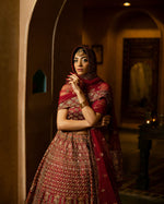 Load image into Gallery viewer, Aafrinish By Niazi Natalia Calling Asad Bin Javed Garnet Maroon zari Lehnga Lehenga Bridal Haveli
