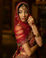 Load image into Gallery viewer, Aafrinish By Niazi Natalia Calling Asad Bin Javed Garnet Maroon zari Lehnga Lehenga Bridal Haveli
