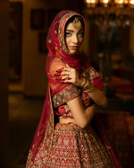 Load image into Gallery viewer, Aafrinish By Niazi Natalia Calling Asad Bin Javed Garnet Maroon zari Lehnga Lehenga Bridal Haveli
