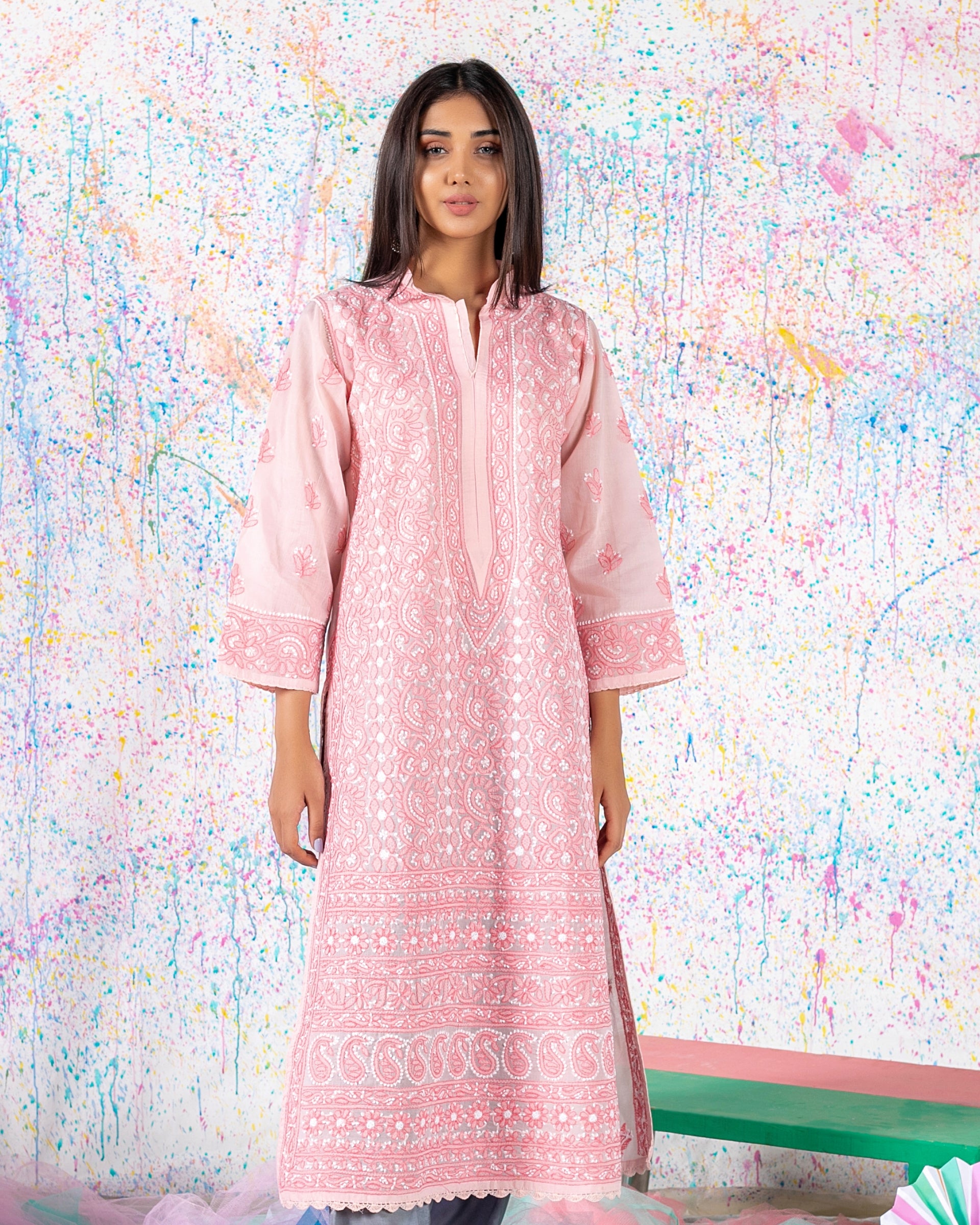 Watermelon Pink Chikankari Kurta –