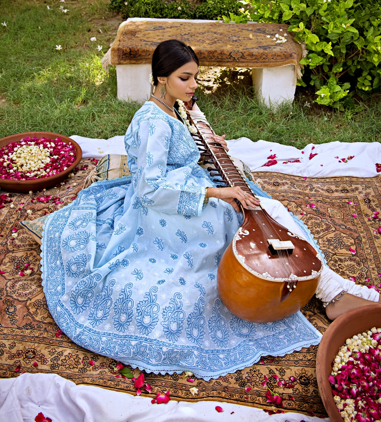 Aafrinish By Niazi Zooni Sheikh Baby Blue Angharkha Outdoor Garden Carpet Sitar