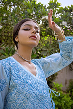 Load image into Gallery viewer, Aafrinish By Niazi Zooni Sheikh Baby Blue Angharkha Outdoor Garden Carpet Sitar
