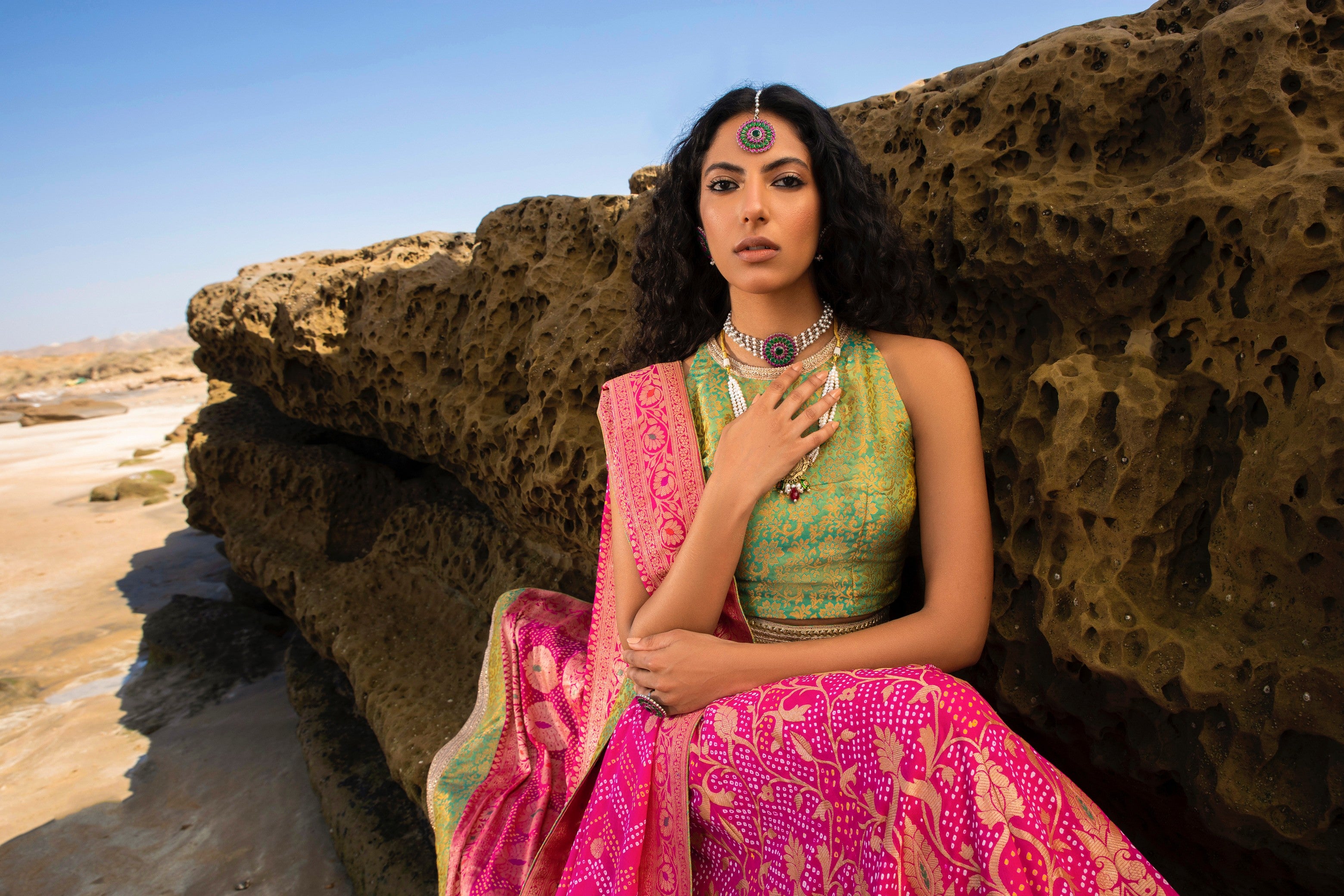 Aafrinish By Niazi Nimra Jacob Gibran Jamshed Mubarak Village Beach Vibrant Fuschia Lehnga Choli Pakistan Fashion