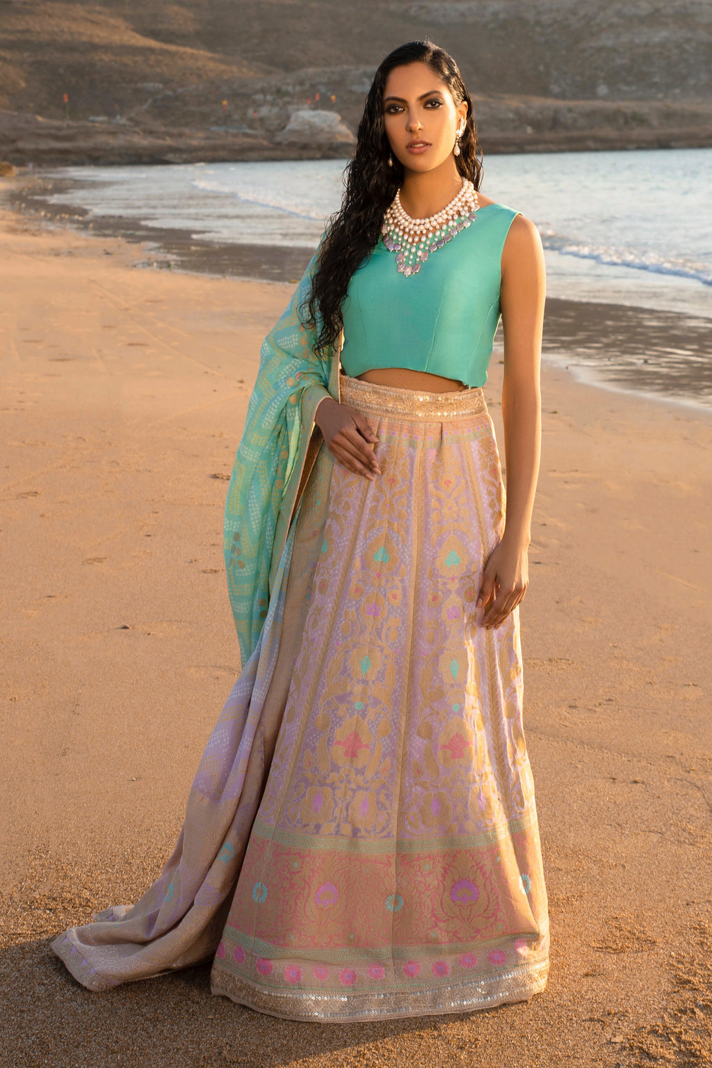 Aafrinish By Niazi Nimra Jacob Gibran Jamshed Mubarak Village Beach Pastel pink, Lavender and Turquoise Lehnga Choli Pakistan Fashion Soothing