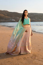 Load image into Gallery viewer, Aafrinish By Niazi Nimra Jacob Gibran Jamshed Mubarak Village Beach Pastel pink, Lavender and Turquoise Lehnga Choli Pakistan Fashion Soothing
