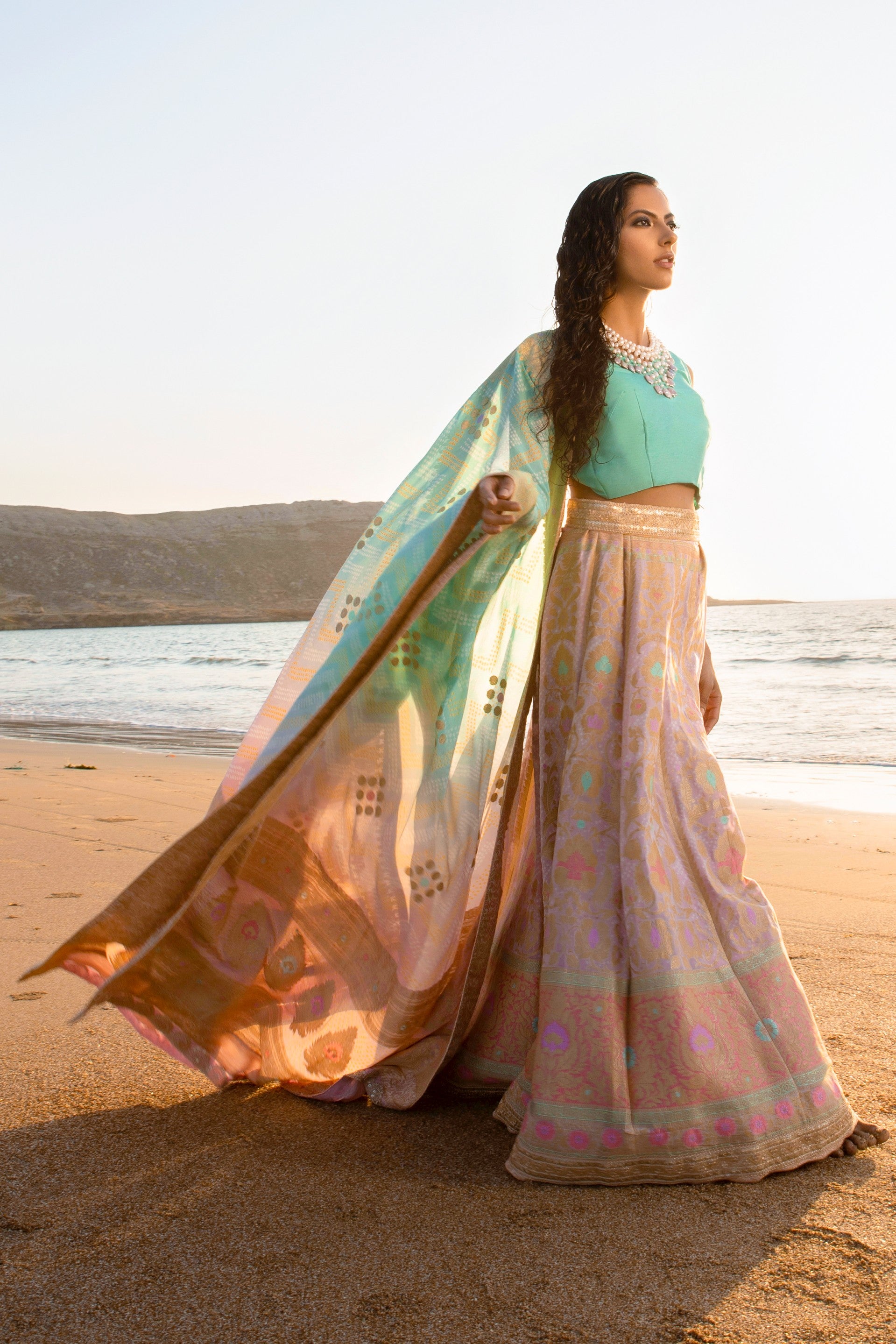 Aafrinish By Niazi Nimra Jacob Gibran Jamshed Mubarak Village Beach Pastel pink, Lavender and Turquoise Lehnga Choli Pakistan Fashion Soothing