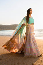 Load image into Gallery viewer, Aafrinish By Niazi Nimra Jacob Gibran Jamshed Mubarak Village Beach Pastel pink, Lavender and Turquoise Lehnga Choli Pakistan Fashion Soothing
