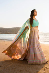 Aafrinish By Niazi Nimra Jacob Gibran Jamshed Mubarak Village Beach Pastel pink, Lavender and Turquoise Lehnga Choli Pakistan Fashion Soothing