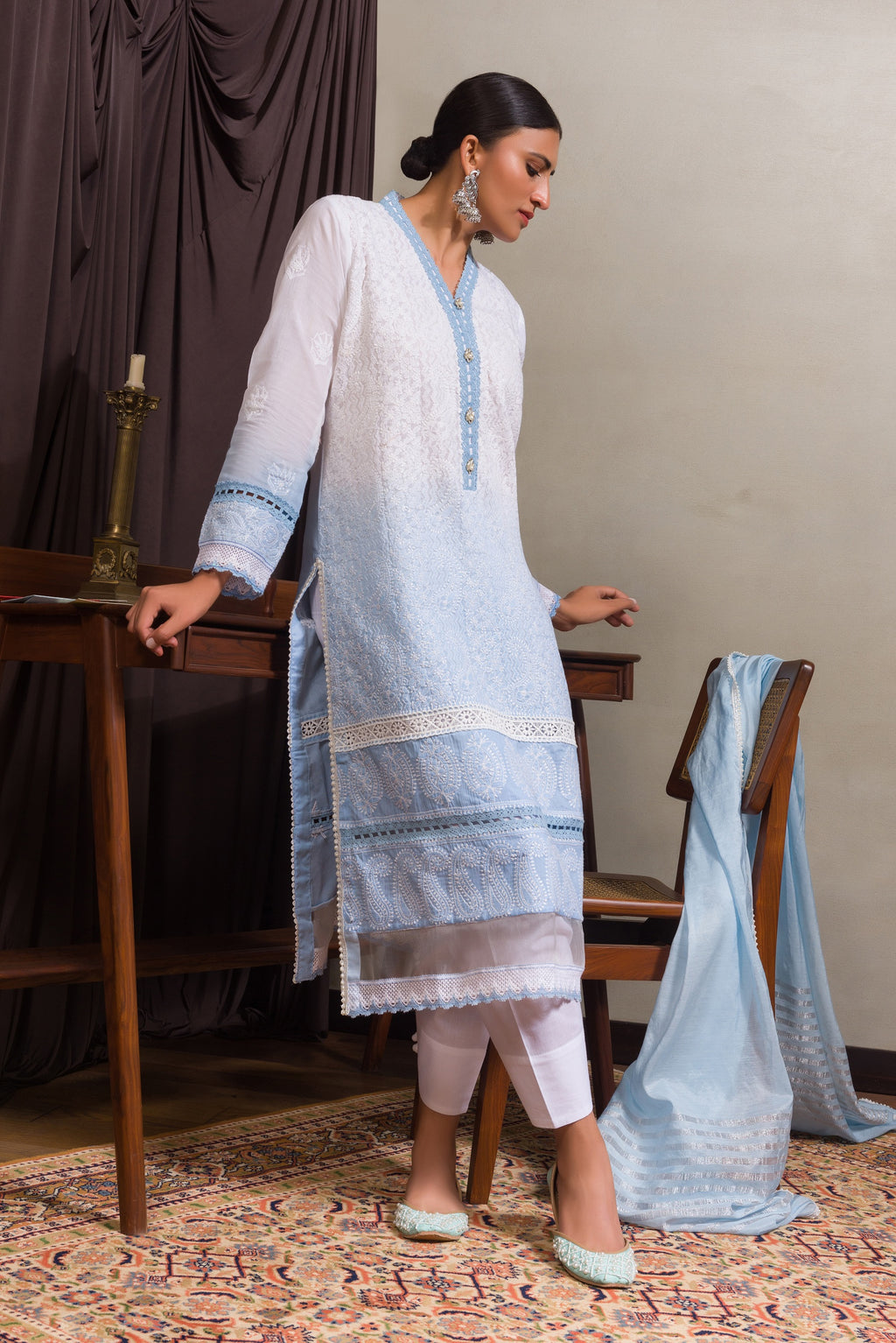 Aafrinish by Niazi Ekra Faiz Elegant Cool Blue Shaded Chikankari Kurta Nadir Toosy