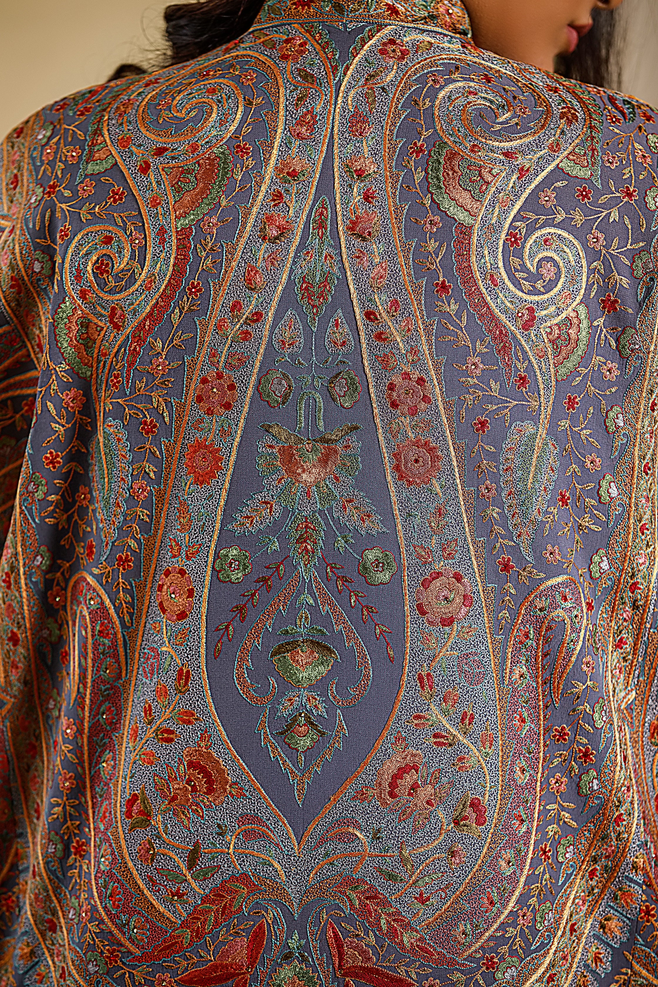Aamna Ilyas Amna Jacket Embroidery Pakistan Fashion Aafrinish Grey Kimono Short Jacket Fine hand embroidery kashmiri 