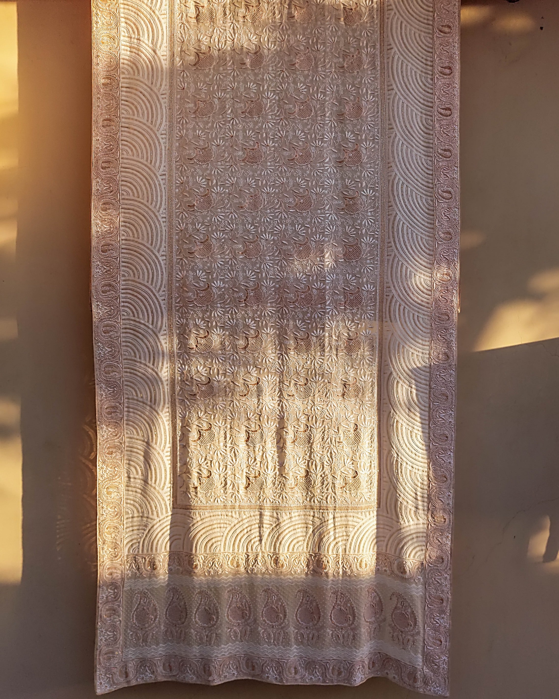 Chikan Kari Dupatta Rose Gold Zardozi, Pearl Beads and Cut Daana